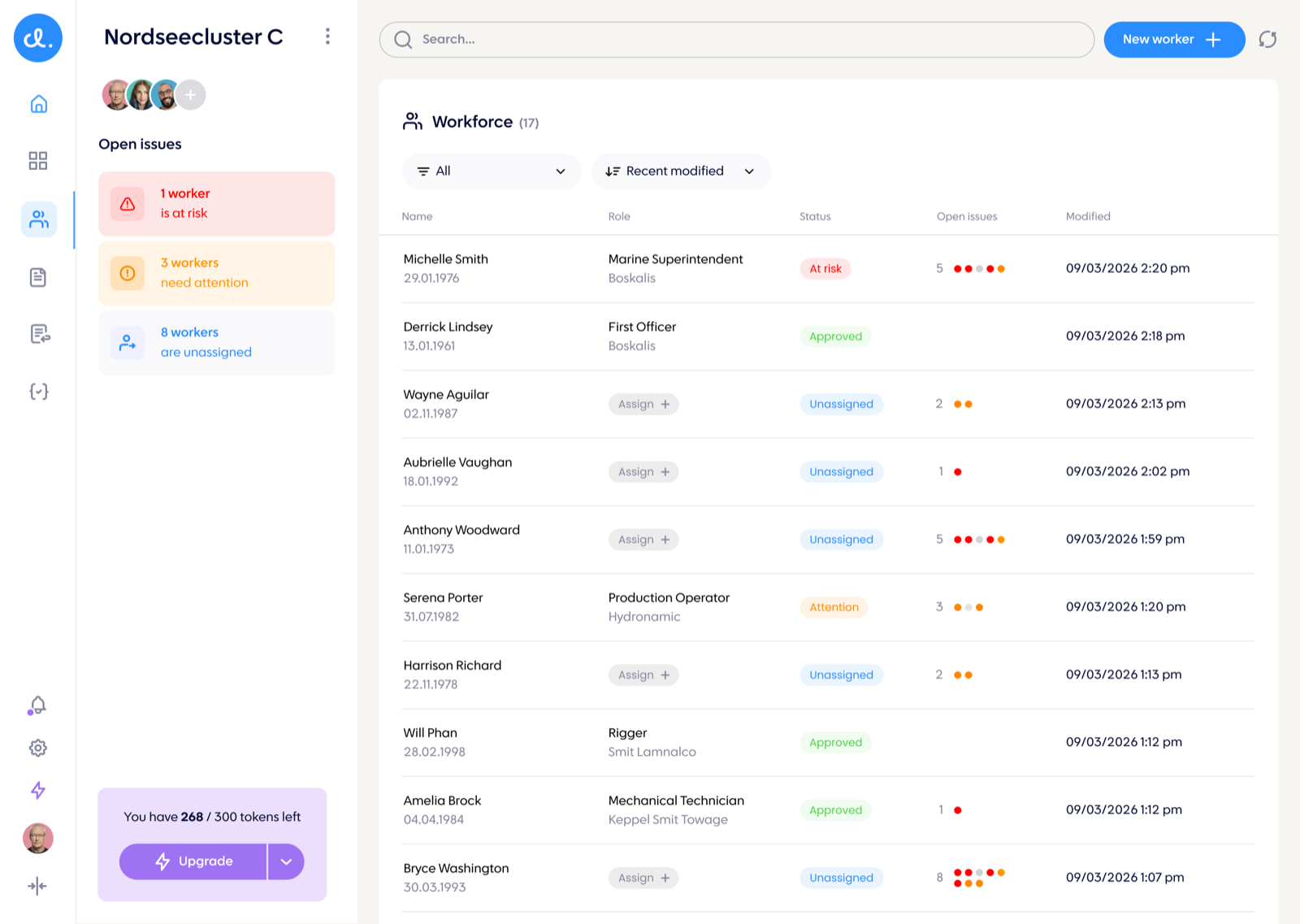 Custely - Workforce list with per-person readiness status, role and open compliance issues, sortable by risk and filterable by company.