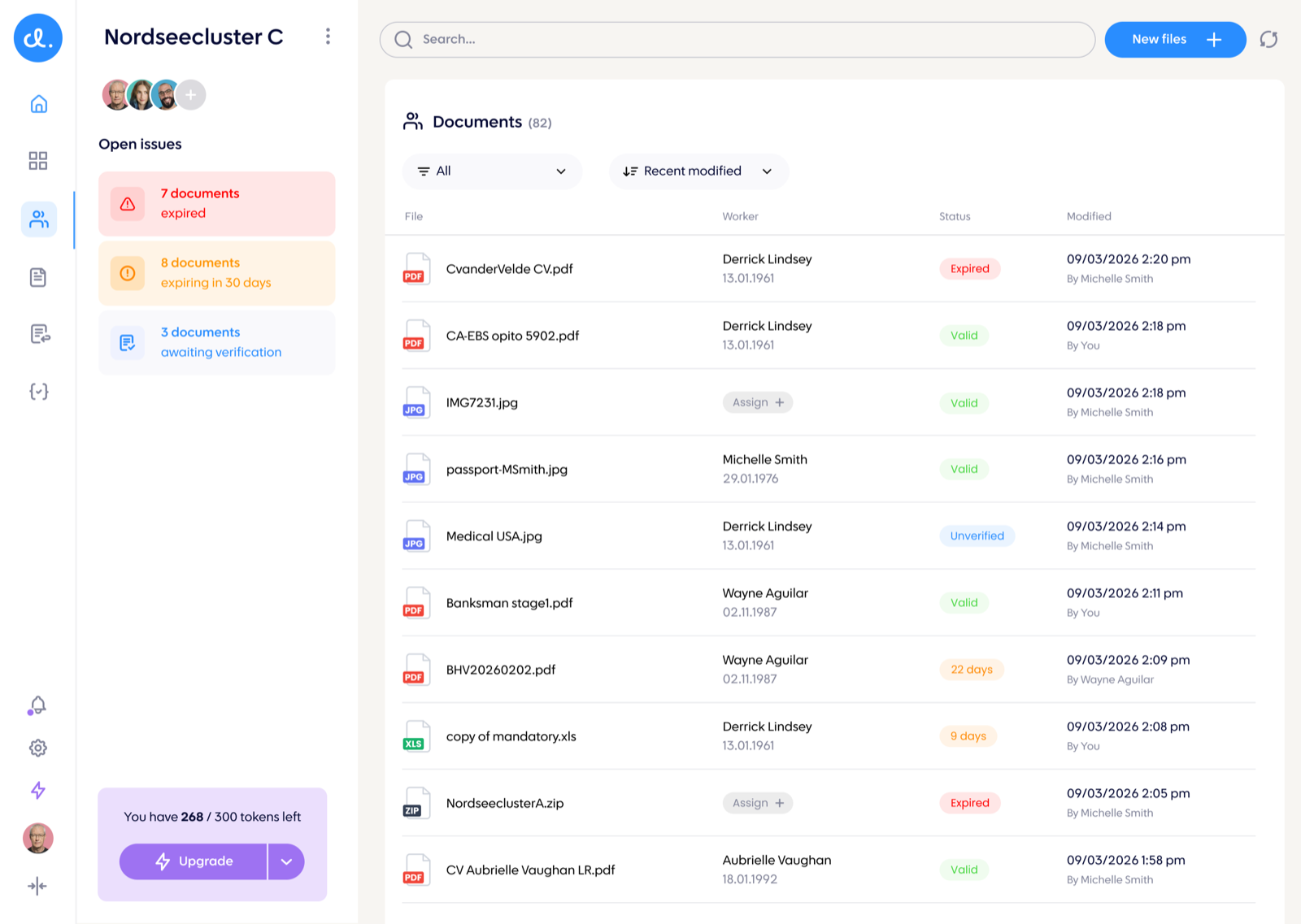 Custely - Document register: every certificate, medical and ID with its extracted holder, validity state and days to expiry.