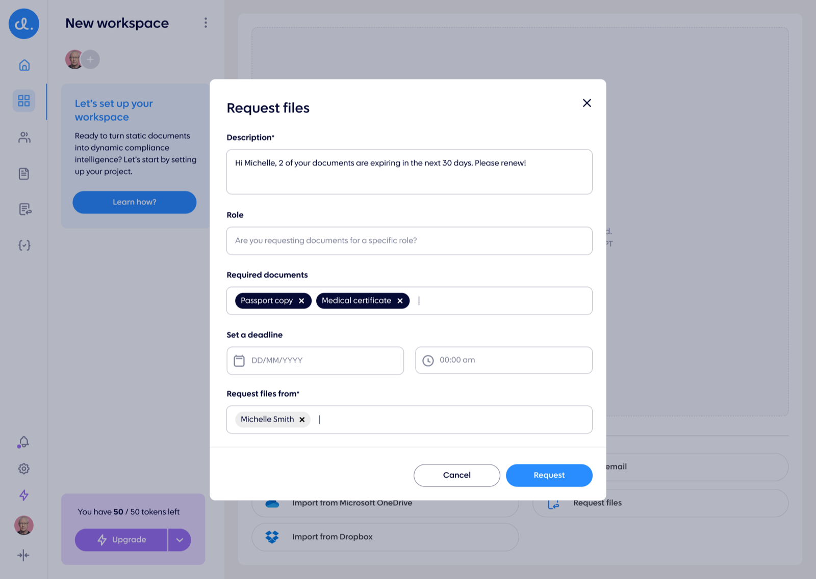 Custely - External file requests: ask workers or partners for specific missing documents; they upload through a public link without needing an account.