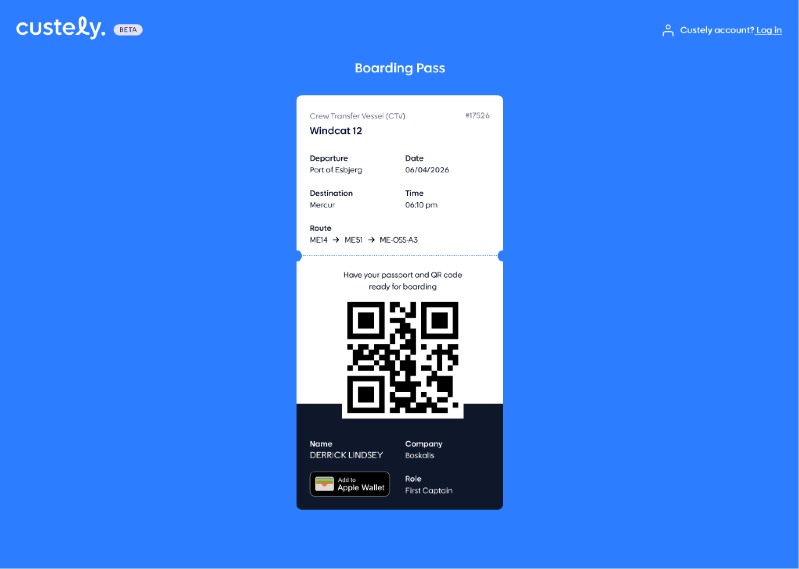 Custely - QR boarding pass generated per person for an approved transfer, with Apple Wallet support.