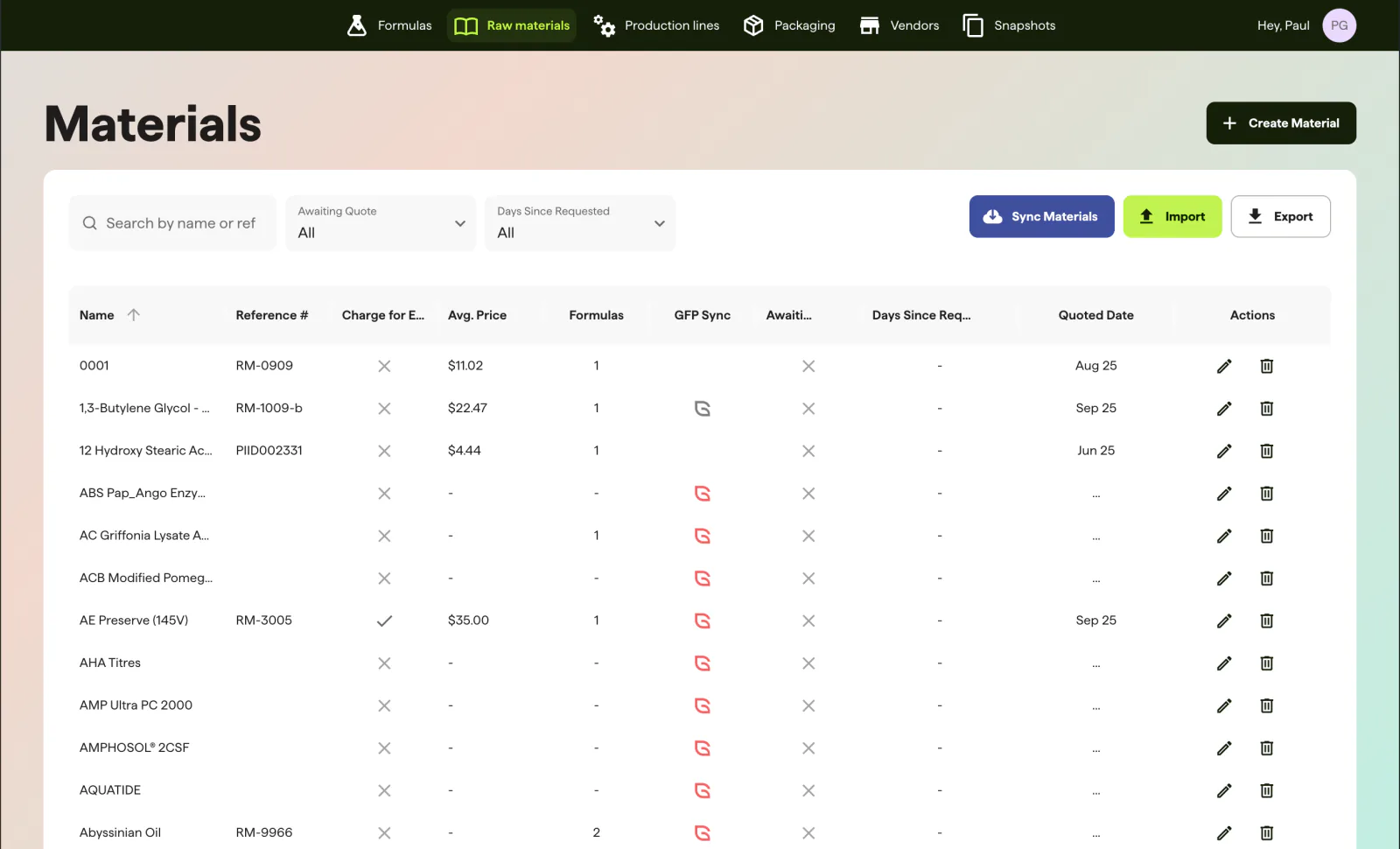 SleekFlowLabs - Centralized Raw Material Library featuring search, filtering, and vendor price management to ensure up-to-date costing data.