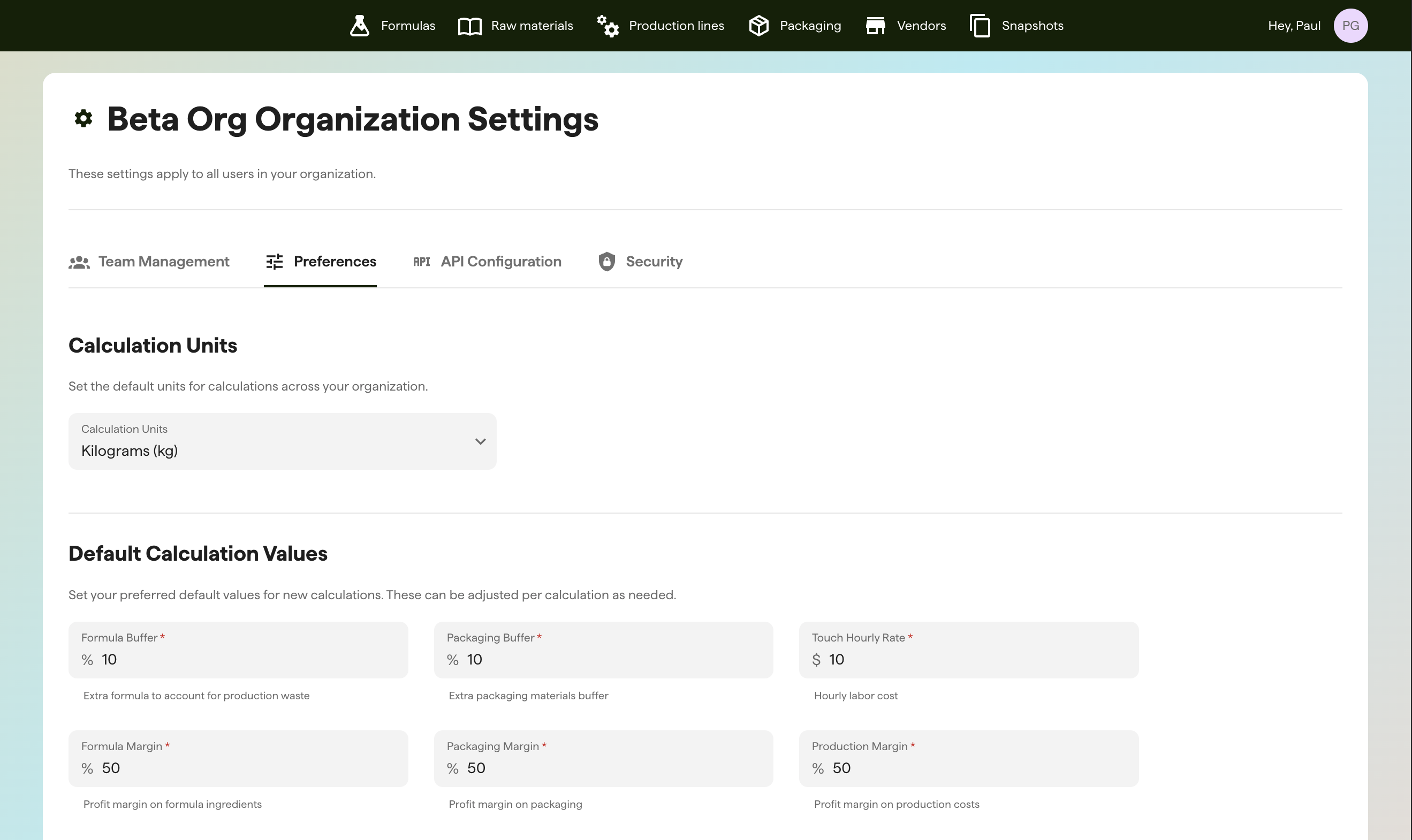 SleekFlowLabs - Global configuration panel for setting default operational variables like labor rates, packaging buffers, and measurement units.
